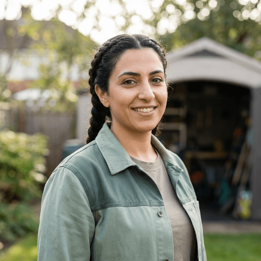 Female mentor with a serene expression, wearing modest professional attire