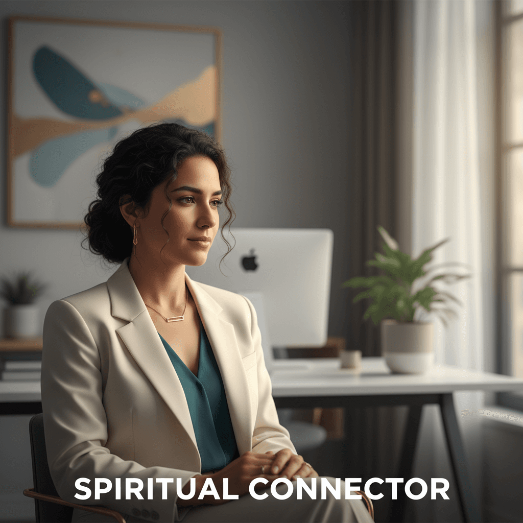 Tunisian woman in professional setting, seated with calm composure, warm natural light, refined minimalist background, contemplative presence
