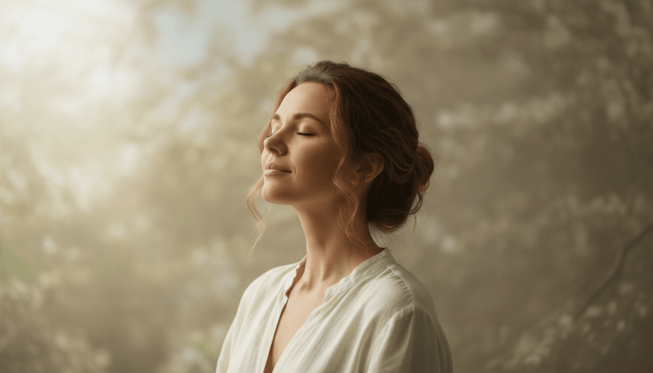 Tunisian woman with eyes closed in peaceful contemplation, soft natural light