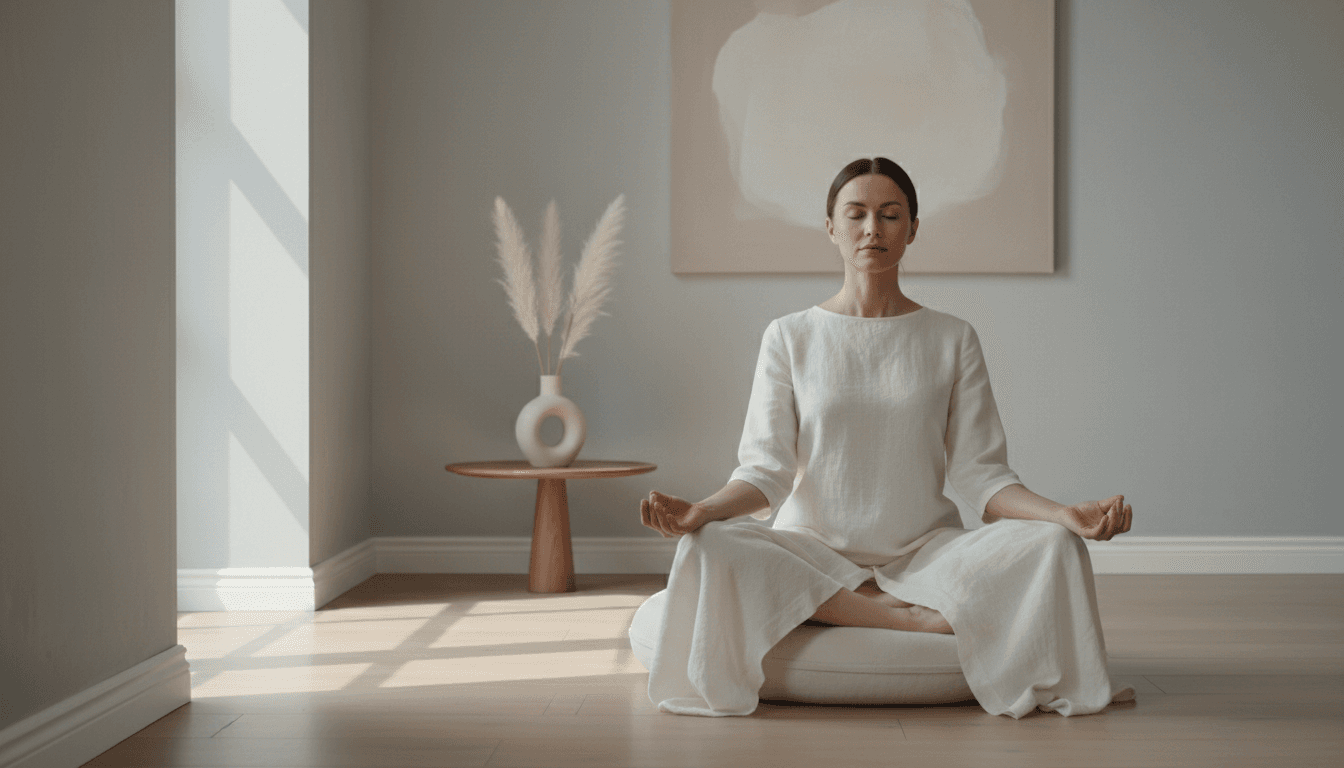 Serene woman meditating with eyes closed in soft natural light