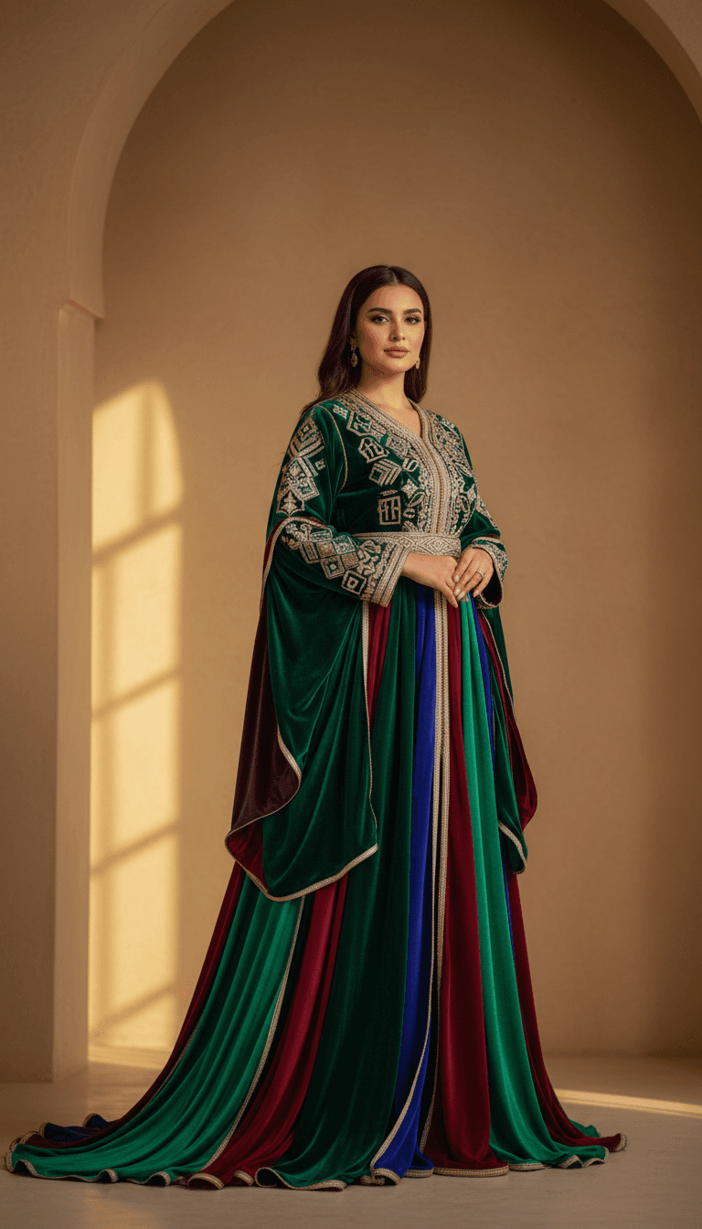 Woman in elegant traditional North African dress with embroidered details, standing in naturally lit interior space