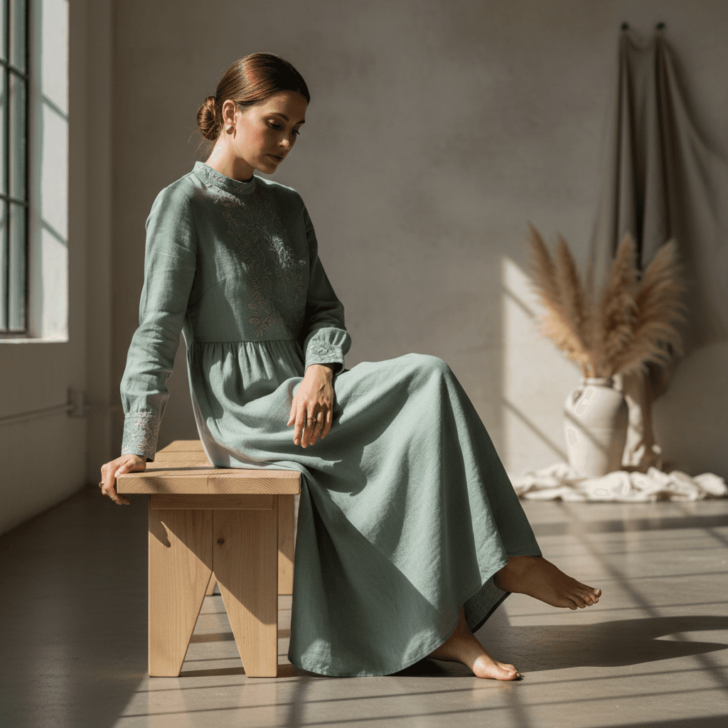 Seated portrait of a calm Tunisian woman with a short dark crop, linen jacket, hands folded, in a pale stone courtyard, Mediterranean afternoon light, quiet documentary portrait.