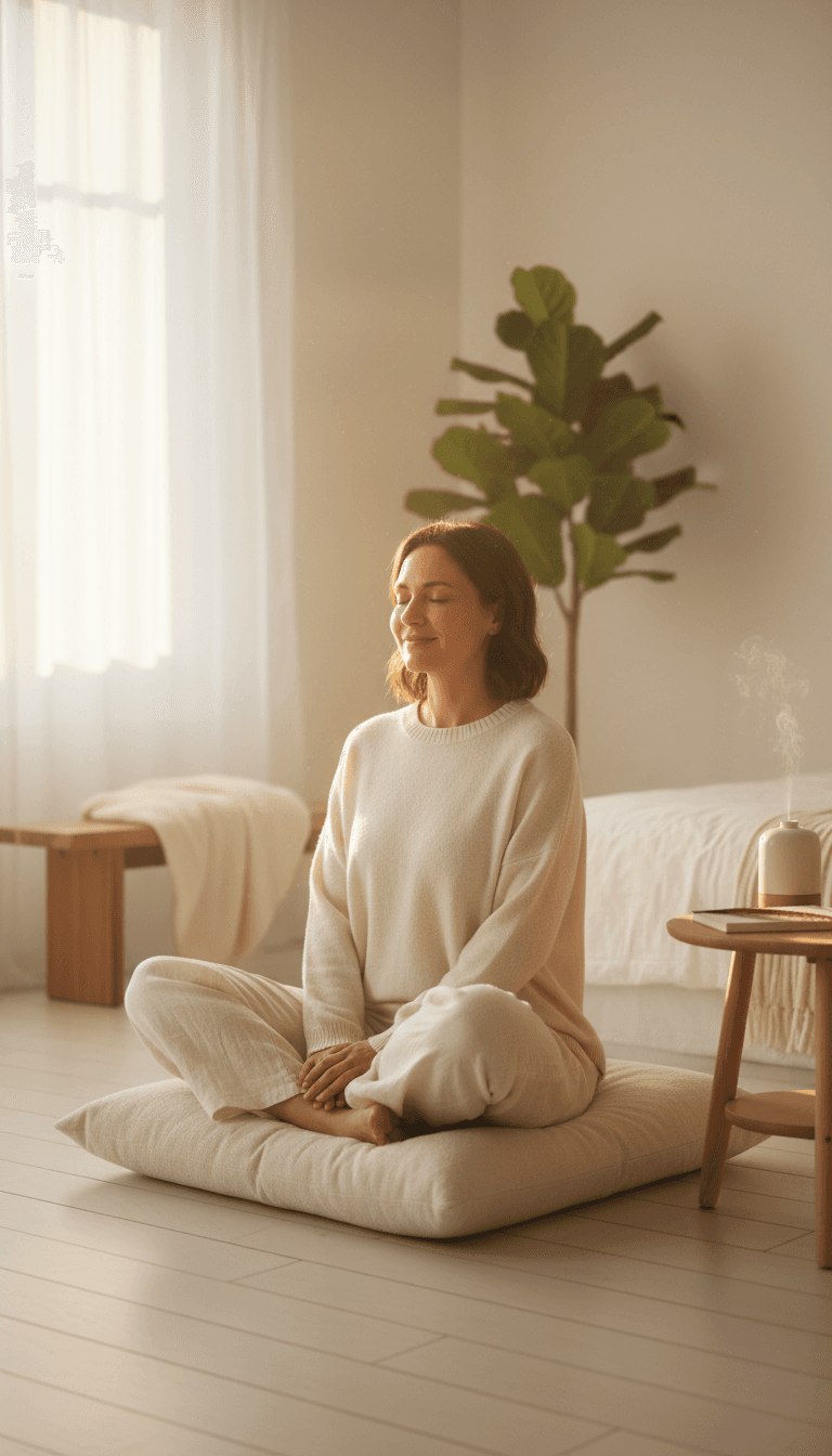 Tunisian woman sitting calmly with eyes closed in a bright, quiet room