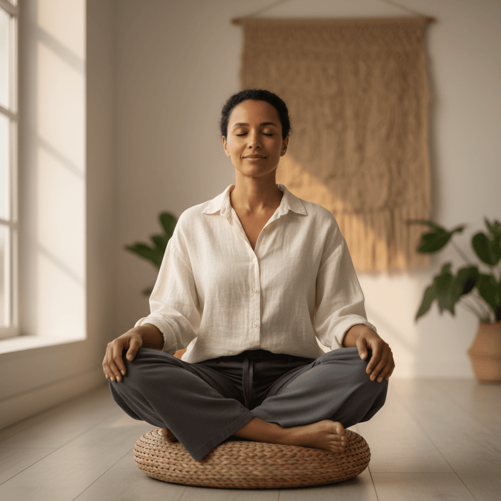 Tunisian woman meditating peacefully in soft natural light